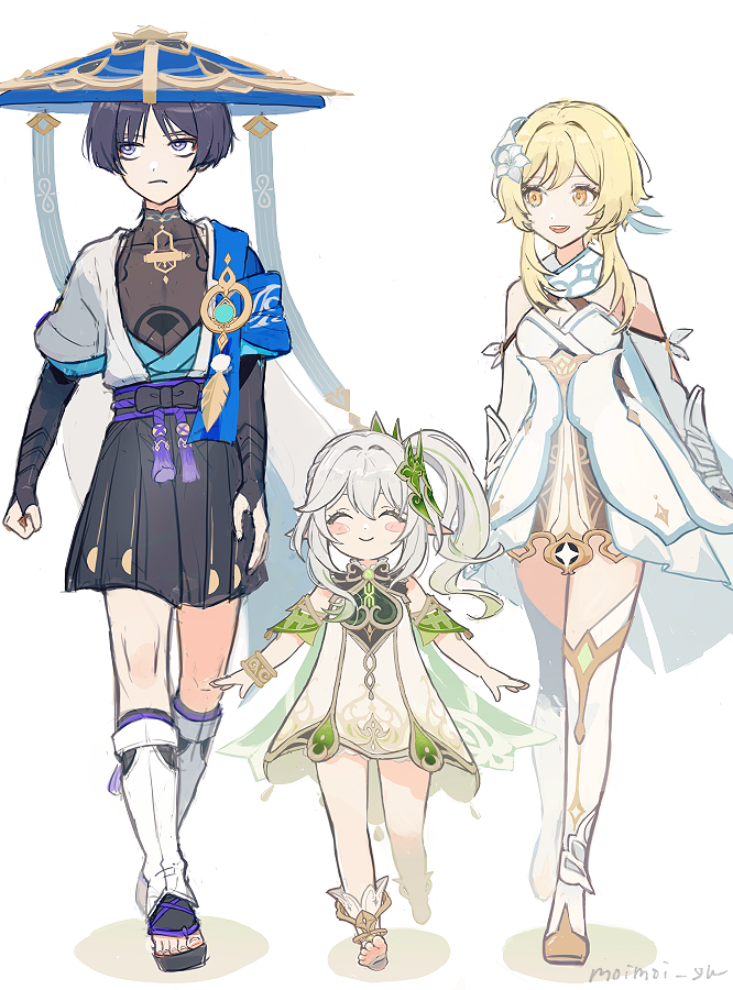1boy, 2girls, artist_name, bare_shoulders, belt, black_belt, black_bow, black_footwear