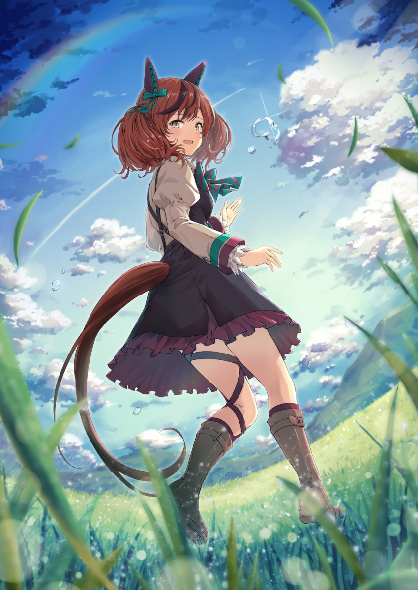 1girl, animal_ears, black_dress, boots, bow, bowtie, brown_eyes, brown_footwear