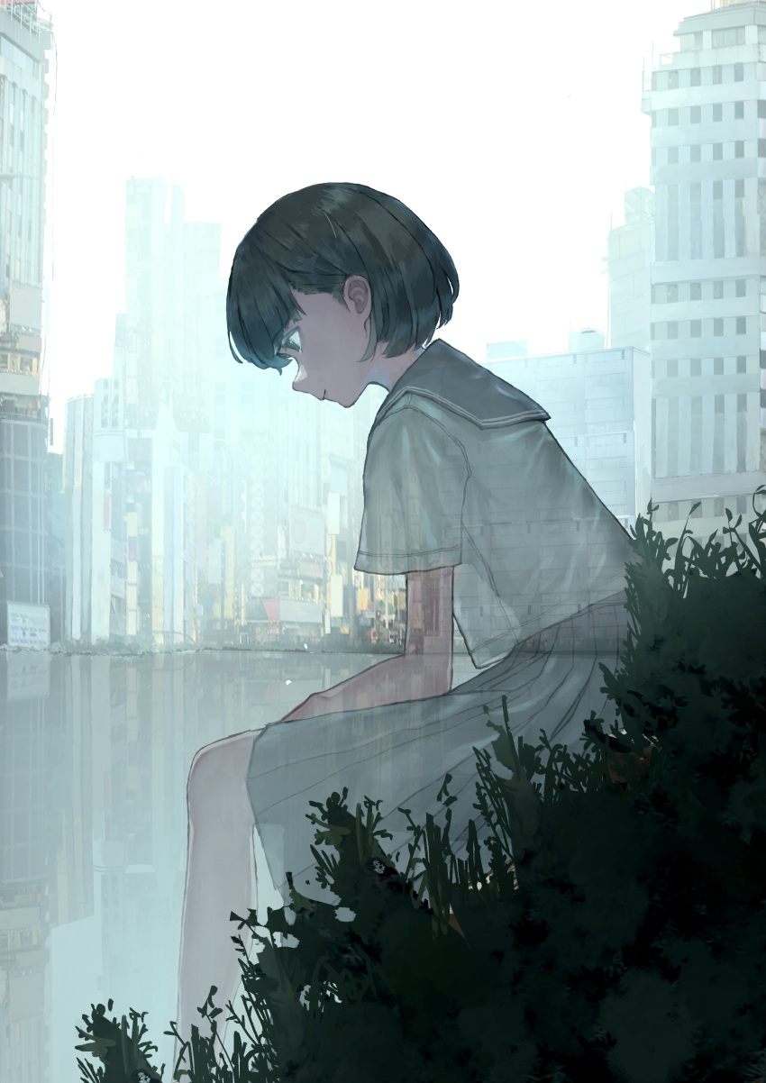 1girl, absurdres, black_hair, blue_sailor_collar, blue_skirt, blunt_bangs, bob_cut, brown_eyes