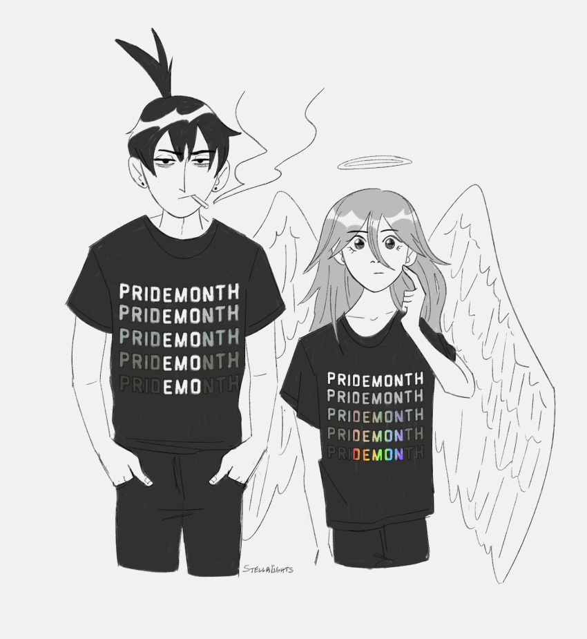 2boys, alternate_costume, angel_devil_(chainsaw_man), animated, animated_gif, chainsaw_man, cigarette, closed_mouth, clothes_writing, commentary, english_commentary, english_text, feathered_wings, grey_background, greyscale, hair_between_eyes, halo, hands_in_pockets, hayakawa_aki, highres, lgbt_pride, long_hair, looking_at_viewer, male_focus, meme, monochrome, multiple_boys, pants, pri-demon-th_(meme), pride_month, rainbow_flag, shirt, short_hair, short_sleeves, signature, smoke, smoking, standing, stellalights, t-shirt, topknot, wings