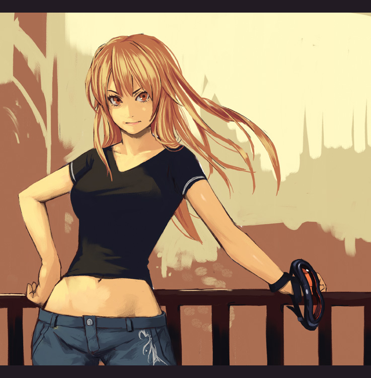 arm_support, babydoll_t-shirt, brown_eyes, brown_hair, goggles, hand_on_hip, long_hair, midriff