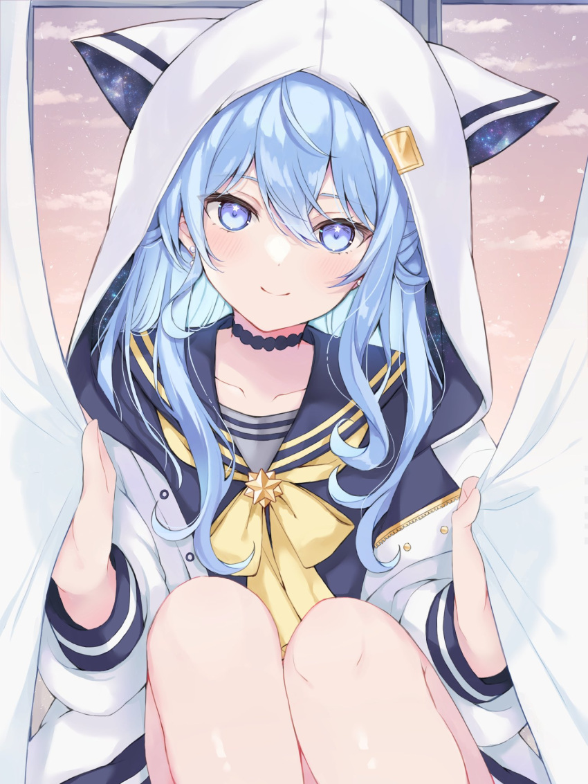 1girl, animal_ears, animal_hood, black_choker, black_sailor_collar, black_shirt, blue_eyes, blue_hair