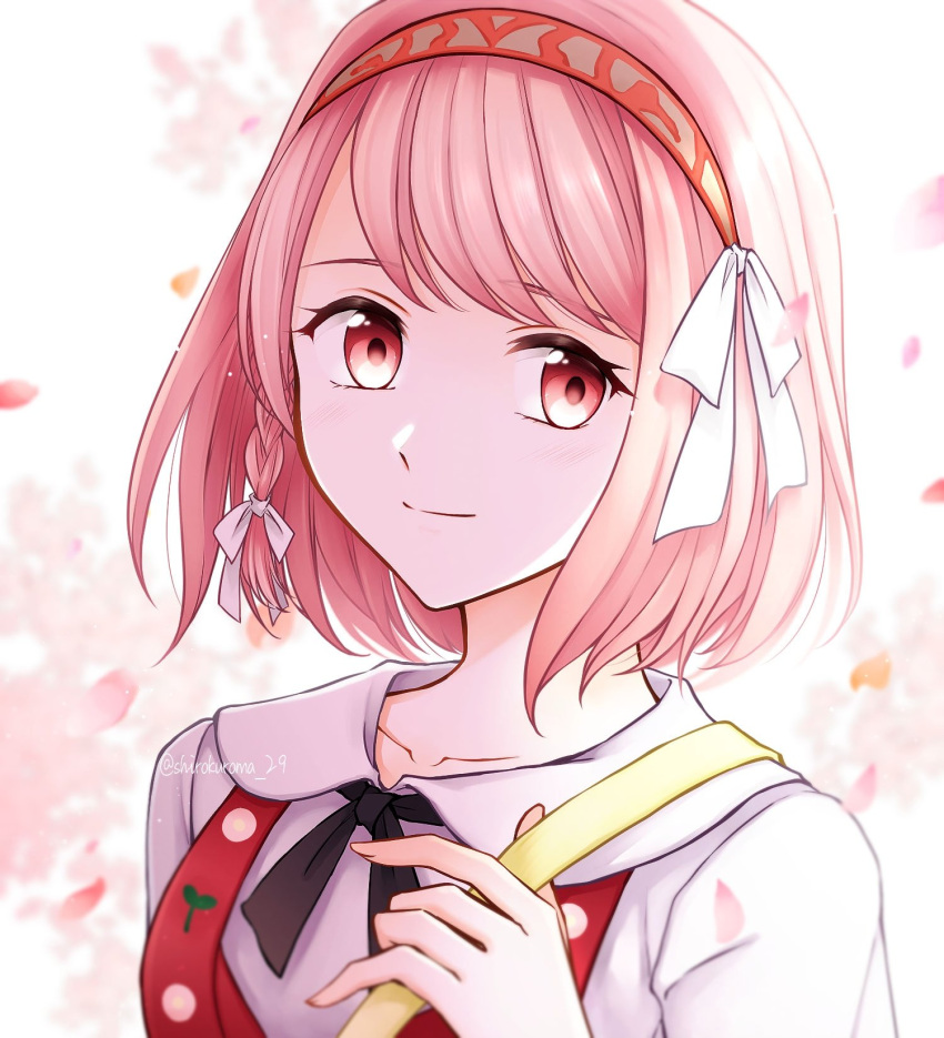 1girl, braid, collarbone, falling_petals, fire_emblem, fire_emblem_engage, hair_ribbon, hairband