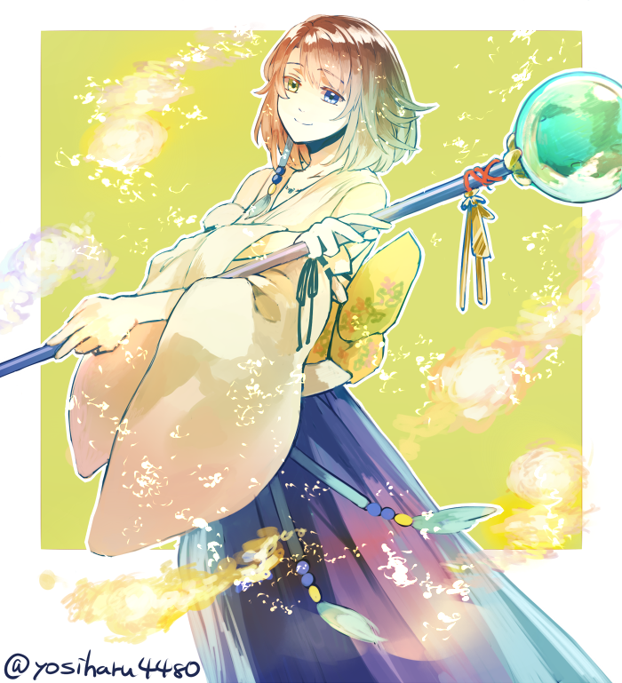 1girl, 4480yosiharu, blue_eyes, blue_hakama, brown_hair, feet_out_of_frame, final_fantasy, final_fantasy_x