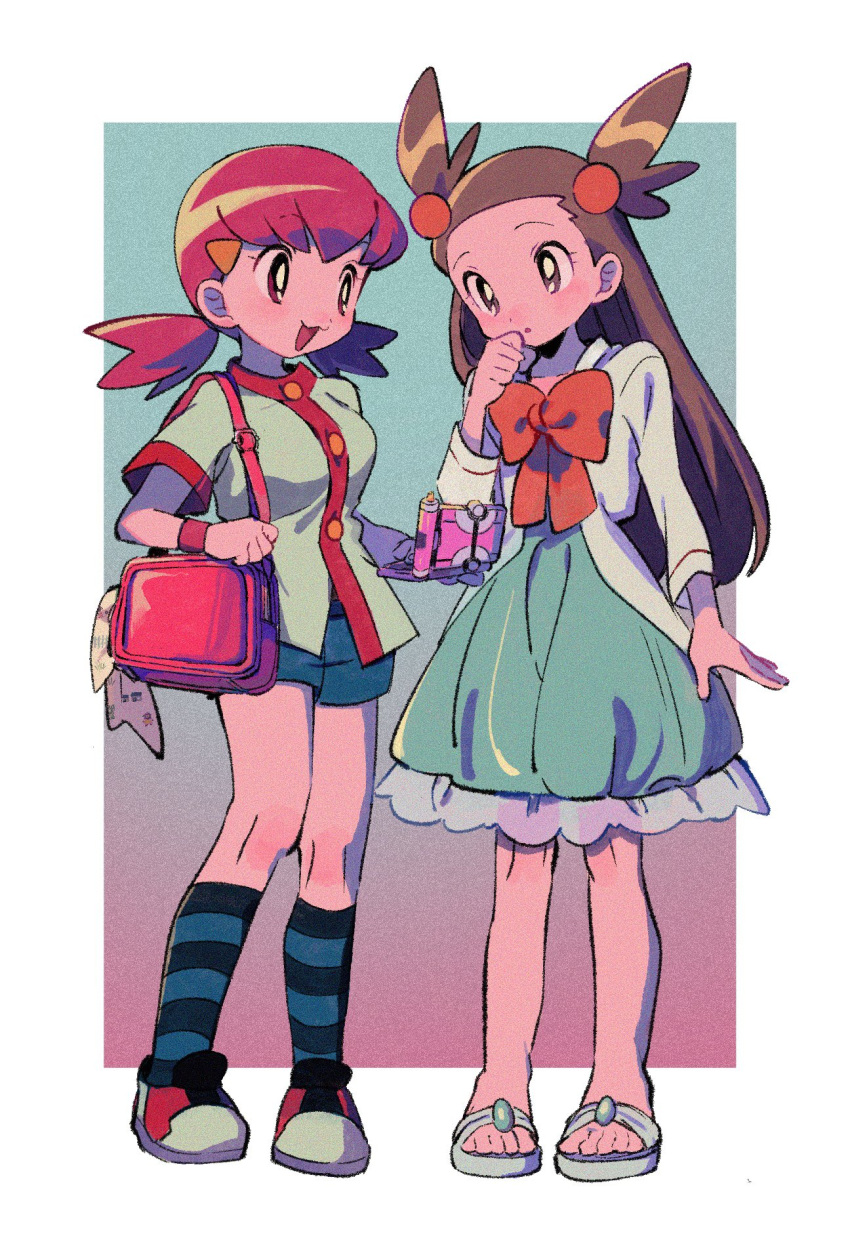 2girls, :d, bag, bow, brown_eyes, brown_hair, buttons, cardigan, commentary, dress, eyelashes, green_dress, hair_ornament, hairclip, hand_up, handbag, highres, holding, jacket, jasmine_(pokemon), kneehighs, knees, long_hair, multiple_girls, ok_ko19, open_mouth, orange_bow, parted_lips, pink_hair, pokemon, pokemon_(game), pokemon_hgss, sandals, shoes, shorts, smile, socks, standing, striped, striped_socks, toes, twintails, two_side_up, white_cardigan, whitney_(pokemon)