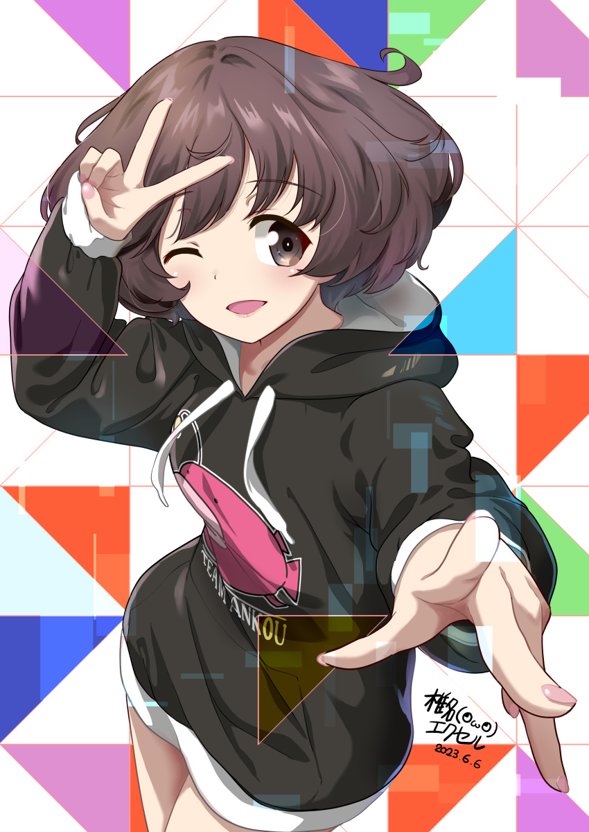 1girl, absurdres, akiyama_yukari, anglerfish, black_hoodie, brown_eyes, brown_hair, dated, fish, girls_und_panzer, highres, hood, hoodie, long_sleeves, multicolored_background, one_eye_closed, shiina_excel, signature, solo, thighs, v