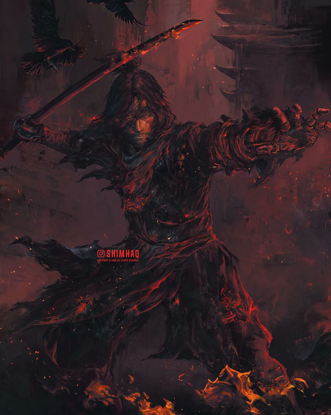 1boy, architecture, artist_name, bad_end, bird, black_hair, brown_kimono, closed_mouth, copyright, crow, east_asian_architecture, facial_hair, fire, flaming_sword, flaming_weapon, grey_scarf, hakama, hakama_pants, highres, holding, holding_sword, holding_weapon, instagram_logo, japanese_clothes, katana, kimono, mechanical_arms, medium_hair, ninja, one-eyed, pants, prosthesis, prosthetic_arm, red_eyes, scarf, sekiro:_shadows_die_twice, shimhaq, shura_(sekiro), single_mechanical_arm, solo, sword, topknot, torn, torn_clothes, torn_coat, weapon