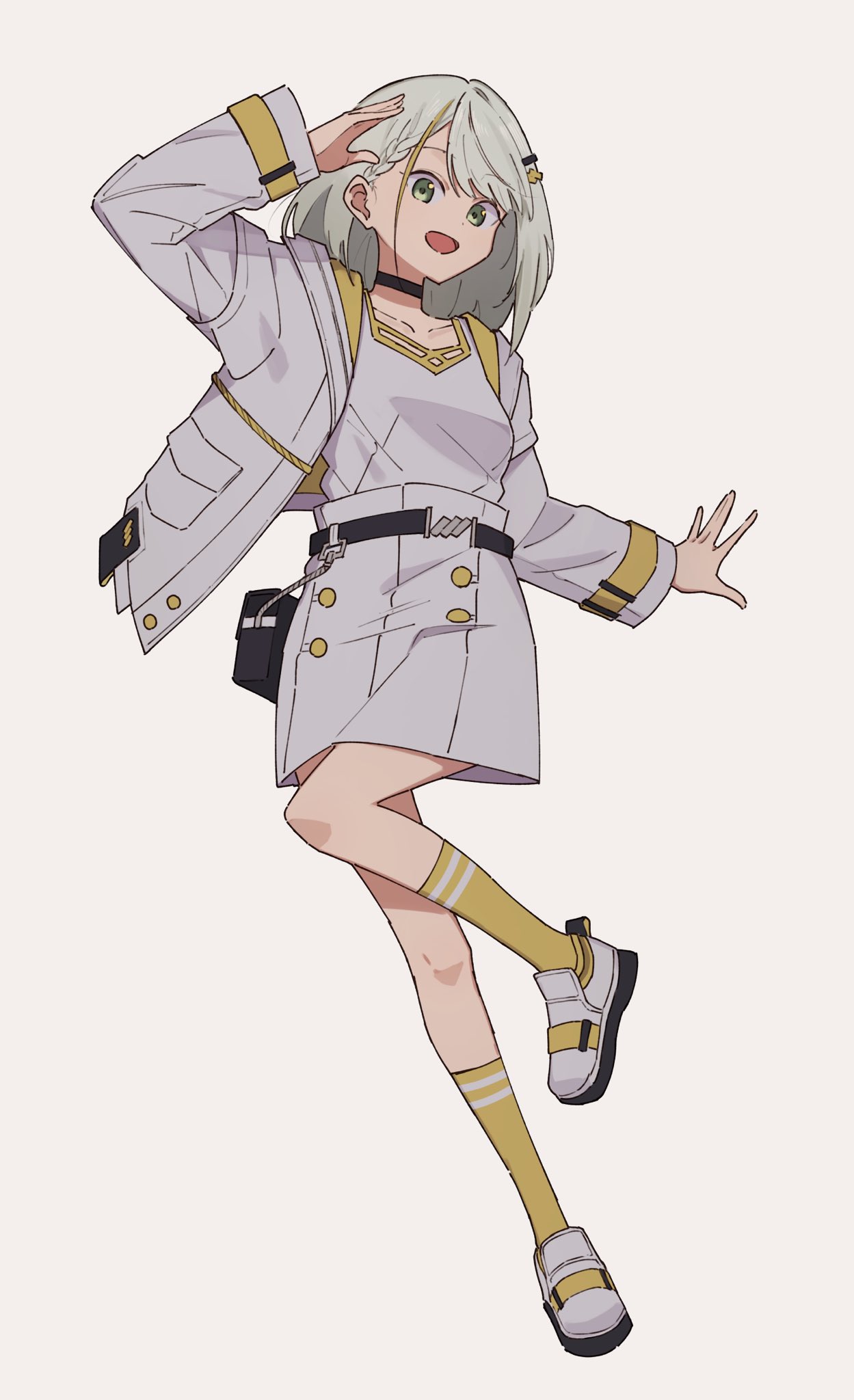 1girl, a.i._voice, arm_up, belt, belt_pouch, black_belt, black_choker, blonde_hair