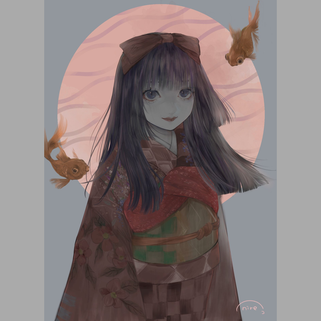 1girl, black_eyes, black_hair, blunt_ends, circle, circular_border, closed_mouth, commentary_request