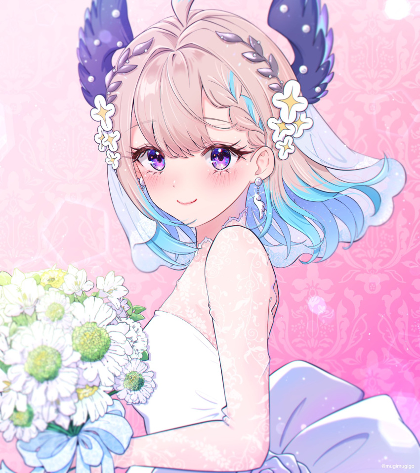1girl, ahoge, back_bow, blonde_hair, blue_hair, blush, bouquet, bow