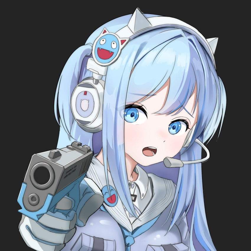 1girl, animal_ear_headphones, animal_ears, black_background, blue_eyes, blue_hair, blue_neckerchief, breast_pocket