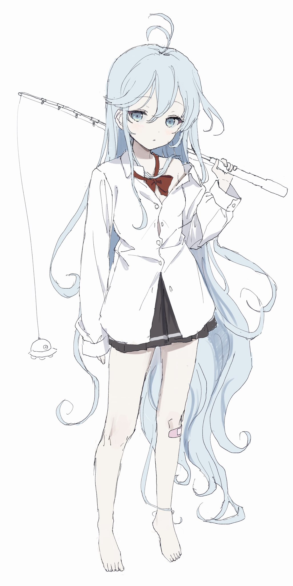 1girl, absurdly_long_hair, antenna_hair, bandaid, bandaid_on_knee, bandaid_on_leg, barefoot, blue_eyes, blue_hair, blush, bow, bowtie, denpa_onna_to_seishun_otoko, expressionless, fishing_rod, full_body, highres, holding, holding_fishing_rod, long_hair, loose_bowtie, off_shoulder, shikaiq, shirt, simple_background, single_bare_shoulder, sketch, skirt, solo, touwa_erio, ufo, very_long_hair, white_background, white_shirt