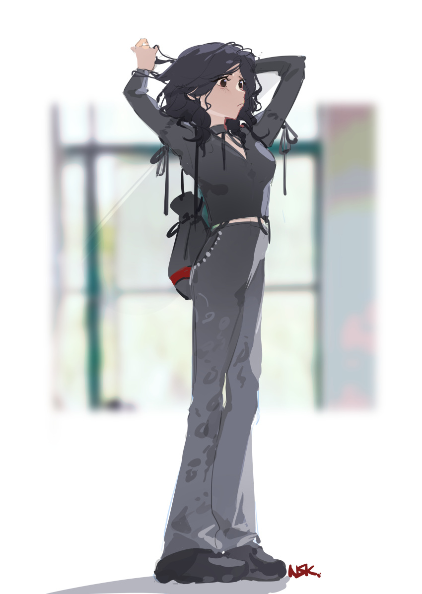 1girl, absurdres, adjusting_hair, arms_behind_head, black_eyes, black_footwear, black_hair, black_shirt