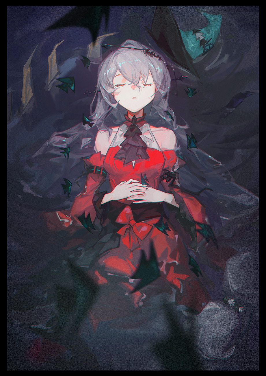 1girl, afloat, arknights, bare_shoulders, black_border, border, bow, breasts, closed_eyes, detached_sleeves, dress, grey_hair, hat, hat_removed, headwear_removed, highres, long_hair, mie_lu, own_hands_together, parted_lips, partially_submerged, red_bow, red_dress, skadi_(arknights), skadi_the_corrupting_heart_(arknights), sleeveless, sleeveless_dress, small_breasts, solo, water, witch_hat