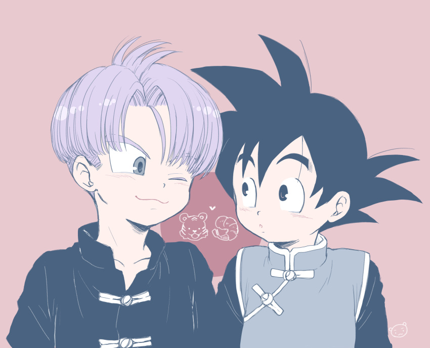 2boys, animal_print, ayata_1010, bear_print, child, commentary_request, dragon_ball, dragon_ball_z, heart, highres, japanese_clothes, looking_at_another, male_child, male_focus, multiple_boys, one_eye_closed, open_mouth, pink_background, shrimp_print, simple_background, smile, son_goten, spiky_hair, trunks_(dragon_ball)