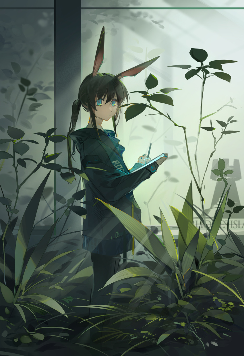 1girl, :|, absurdres, amiya_(arknights), animal_ears, arknights, black_pantyhose, blue_eyes