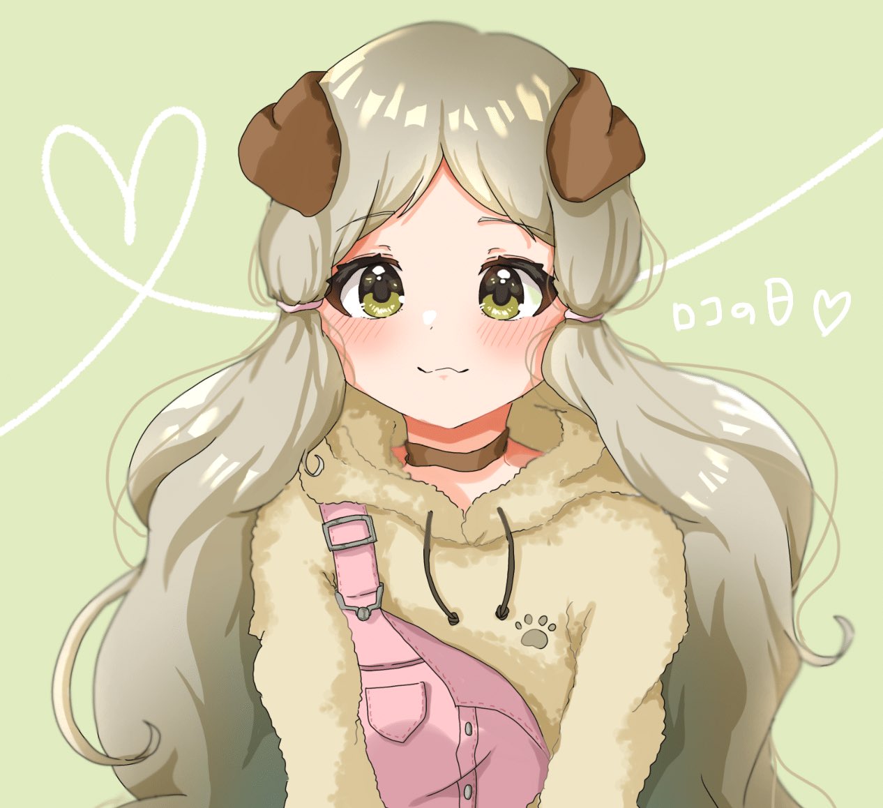 1girl, :3, animal_ears, blush, dog_ears, fur_hoodie, green_eyes, handa_roco