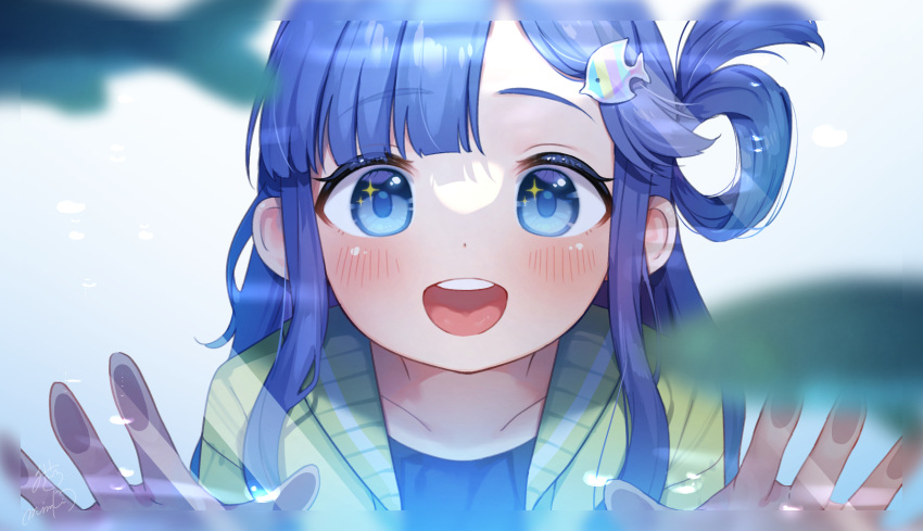 1girl, against_glass, aquarium, asari_nanami, blue_eyes, blue_hair, blush, close-up
