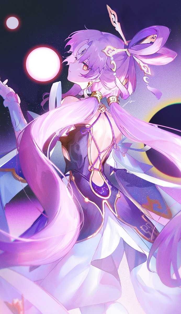 1girl, backless_dress, backless_outfit, bare_shoulders, bow-shaped_hair, chinese_clothes, closed_mouth, constellation_print