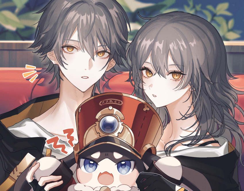 1boy, 1girl, 1other, animal_ears, black_jacket, blue_eyes, blue_gemstone, blush_stickers, caelus_(honkai:_star_rail), coat, collarbone, couch, fence, fur_trim, gem, grey_hair, hair_between_eyes, hand_up, hat, highres, honkai:_star_rail, honkai_(series), hood, hooded_coat, hooded_jacket, jacket, leaf, long_hair, long_sleeves, looking_at_viewer, looking_to_the_side, looking_up, on_couch, open_clothes, open_jacket, open_mouth, pom-pom_(honkai:_star_rail), rabbit, rabbit_ears, red_headwear, shirt, short_hair, sitting, stelle_(honkai:_star_rail), t-shirt, teeth, tokita_mago, trailblazer_(honkai:_star_rail), white_shirt, yellow_eyes