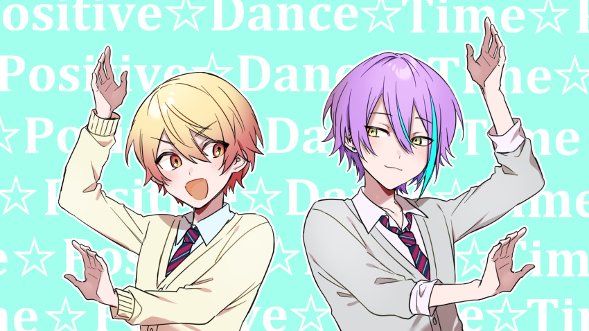 2boys, :d, aqua_hair, arm_up, blonde_hair, blue_necktie, buttons, cardigan, chanms, closed_mouth, collared_shirt, commentary, diagonal-striped_necktie, double-parted_bangs, earrings, gradient_hair, grey_cardigan, hair_between_eyes, highres, jewelry, kamishiro_rui, kamiyama_high_school_uniform_(project_sekai), light_blue_background, long_bangs, long_sleeves, looking_at_another, looking_to_the_side, loose_necktie, male_focus, multicolored_hair, multicolored_necktie, multiple_boys, necktie, open_collar, open_mouth, orange_hair, positive_dance_time_(vocaloid), project_sekai, red_necktie, school_uniform, shirt, sideways_glance, sleeves_past_elbows, sleeves_rolled_up, smile, song_name, star_(symbol), streaked_hair, stud_earrings, tenma_tsukasa, text_background, tsurime, two-tone_hair, upper_body, v-neck, v-shaped_eyebrows, white_necktie, white_shirt, yellow_cardigan