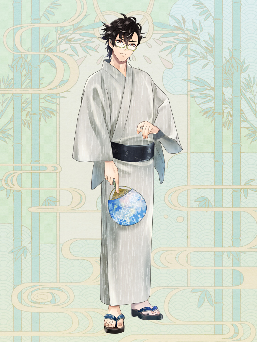 1boy, ;3, black_hair, brown_eyes, chain_paradox, full_body, glasses, grey_kimono