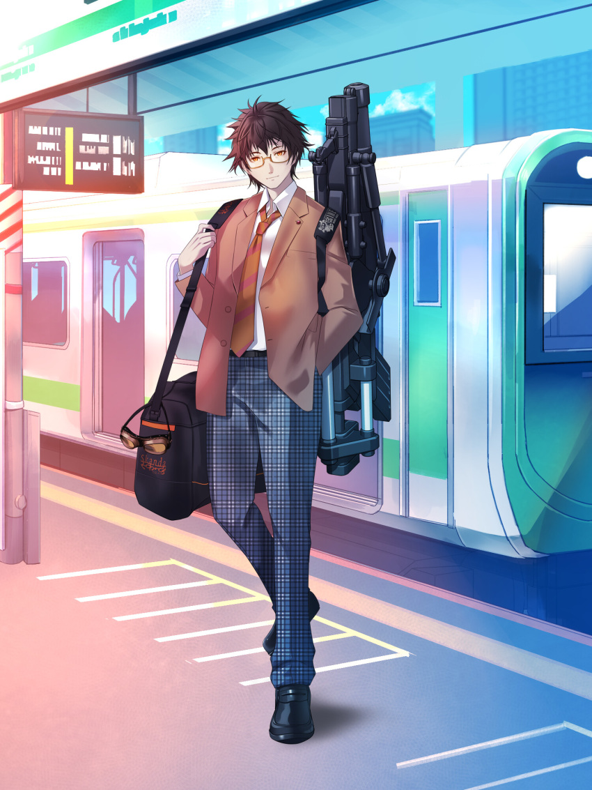 1boy, bag, black_footwear, black_hair, brown_jacket, chain_paradox, duffel_bag, full_body