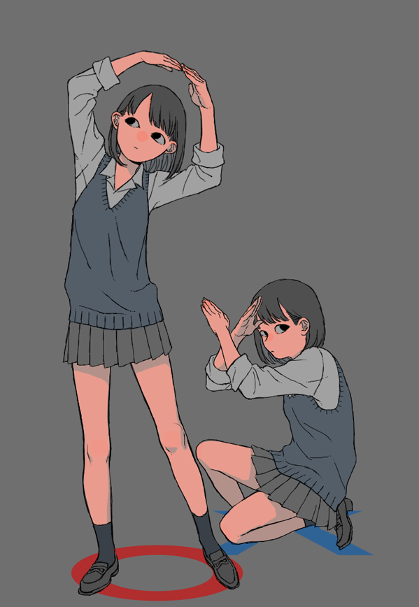 2girls, arms_up, black_footwear, black_hair, black_socks, closed_mouth, collared_shirt, colored_sclera