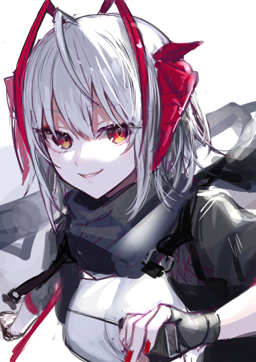 1girl, ahoge, aizuki_sui, antennae, arknights, black_gloves, black_jacket, black_scarf
