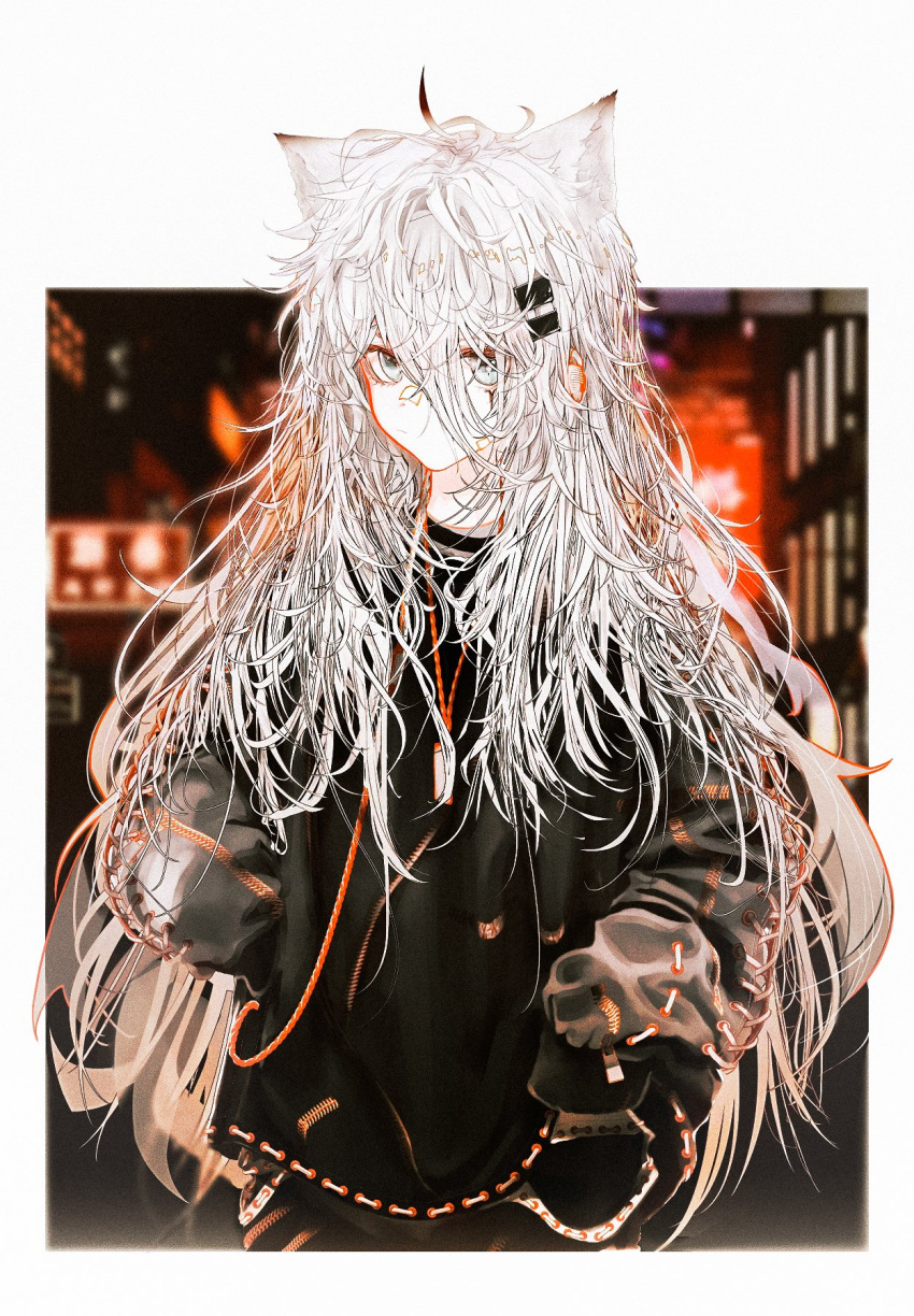 1girl, ahoge, animal_ear_fluff, animal_ears, arknights, black_jacket, border, closed_mouth