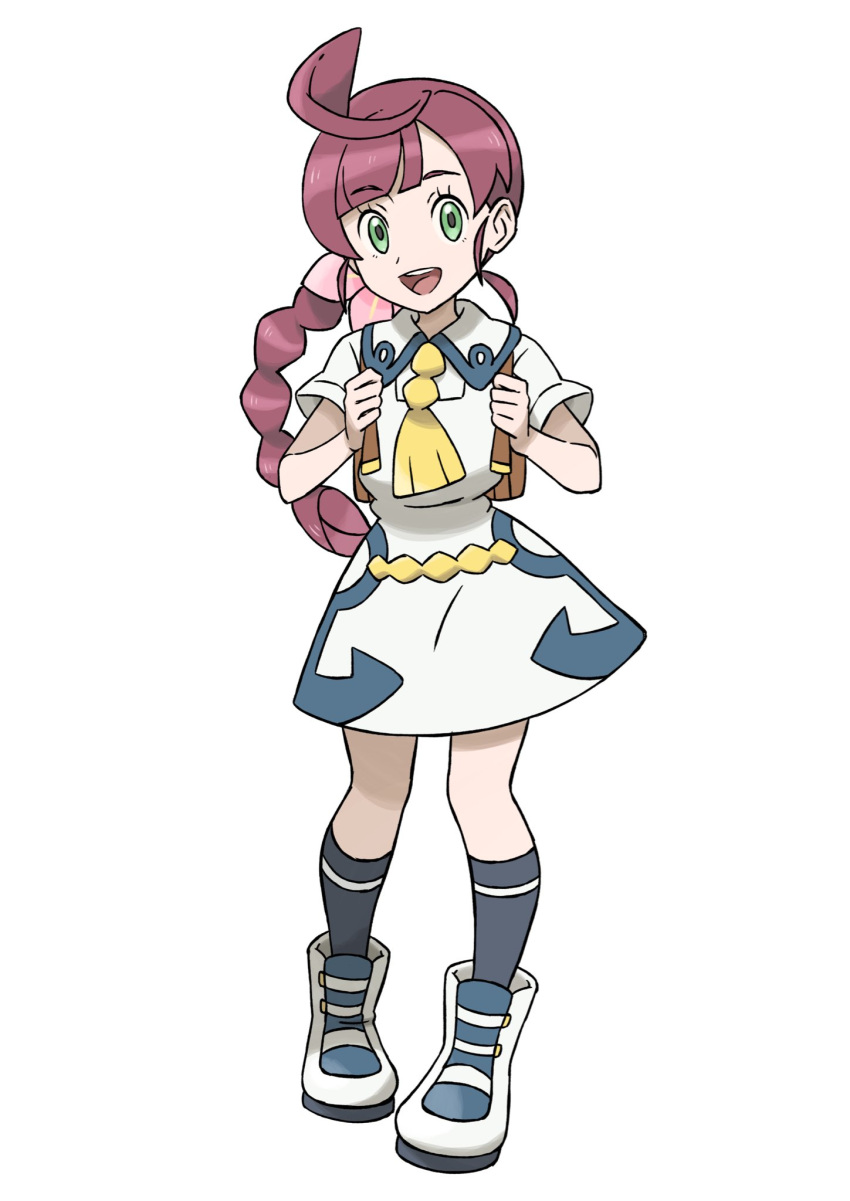 1girl, :d, ahoge, backpack, bag, boots, braid, braided_ponytail