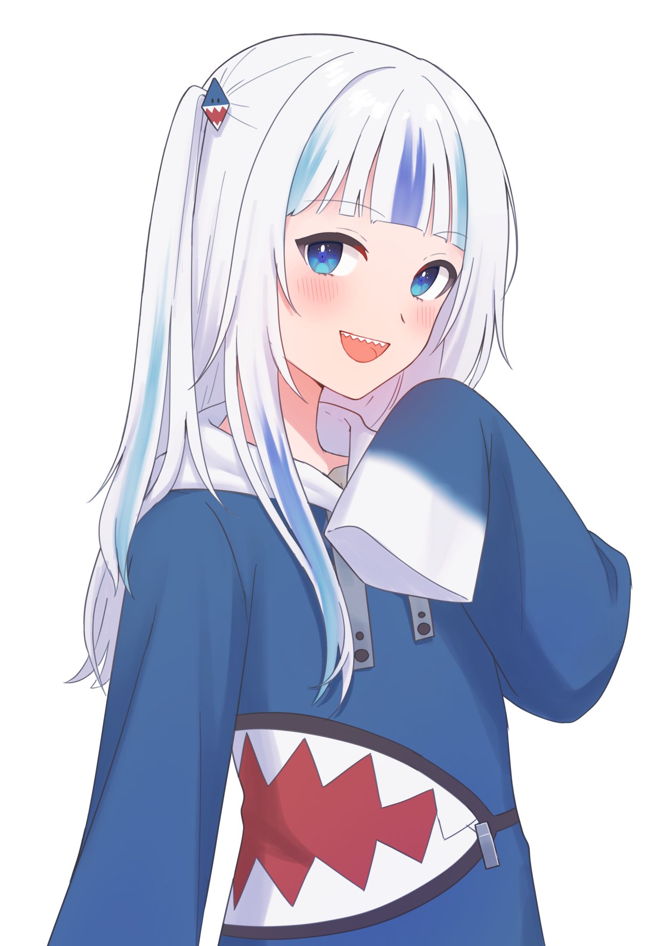 1girl, :d, animal_costume, arm_at_side, blue_eyes, blue_hair, blue_hoodie, blunt_bangs