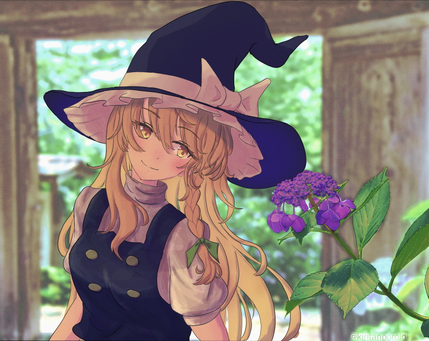 1girl, absurdres, black_headwear, black_vest, blonde_hair, blurry, blurry_background, bow, braid, dot_nose, flower, frilled_hat, frills, green_bow, hair_bow, hat, hat_bow, head_tilt, highres, kirisame_marisa, kiritanpo117, long_hair, looking_to_the_side, outdoors, purple_flower, shirt, short_sleeves, side_braid, single_braid, smile, solo, touhou, turtleneck, upper_body, vest, white_bow, white_shirt, witch_hat, yellow_eyes