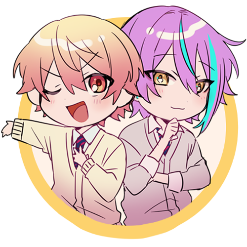 2boys, :d, aqua_hair, blue_necktie, cardigan, chanms, circular_border, clenched_hand