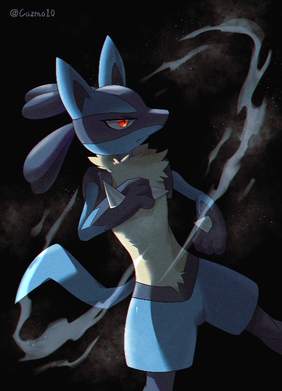 black_background, cazmo, closed_mouth, commentary_request, hand_up, legs_apart, lucario, pokemon, pokemon_(creature), red_eyes, solo, spikes, watermark, yellow_fur