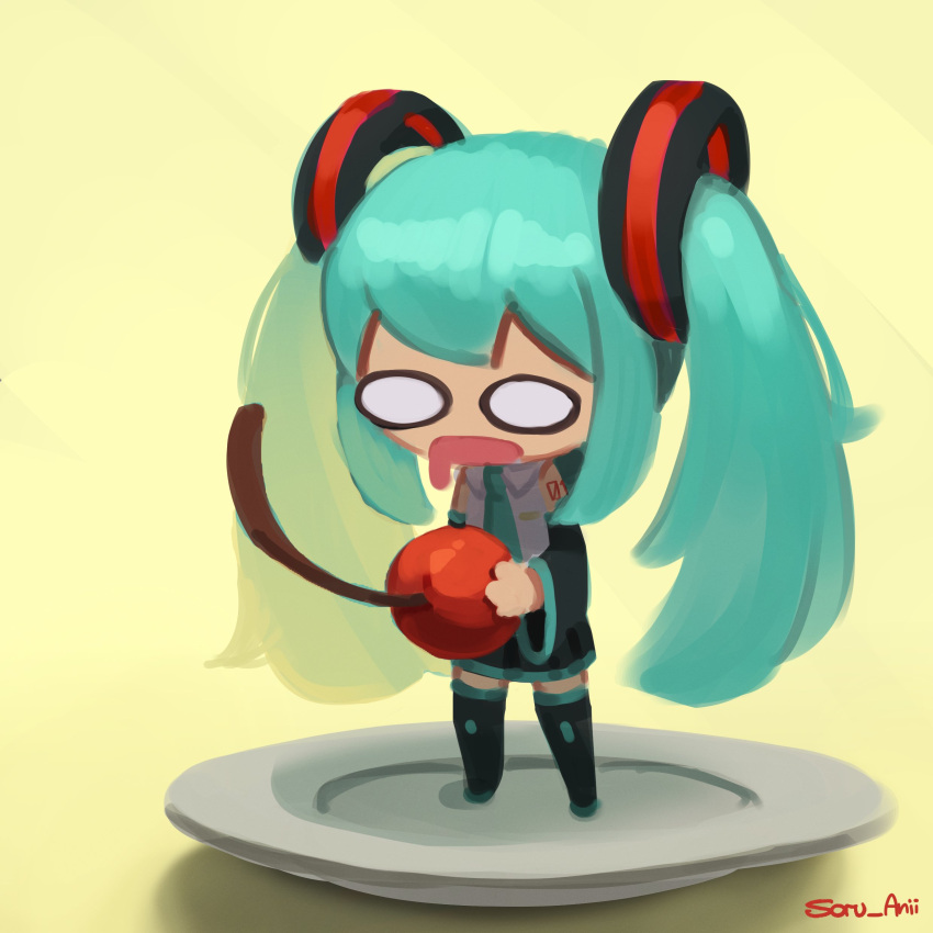 1girl, absurdres, aqua_hair, aqua_necktie, artist_name, bare_shoulders, cherry, chibi, collared_shirt, commentary, english_commentary, food, fruit, full_body, grey_shirt, hatsune_miku, highres, long_hair, necktie, open_mouth, oversized_food, plate, shirt, shoulder_tattoo, simple_background, skirt, sleeveless, sleeveless_shirt, solid_circle_eyes, solo, soru, standing, tattoo, thigh-highs, twintails, very_long_hair, vocaloid, yellow_background