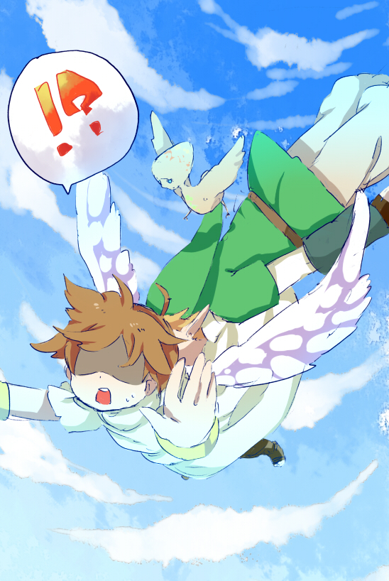 !?, 2boys, angel, blonde_hair, blue_sky, bracelet, brown_hair, clouds