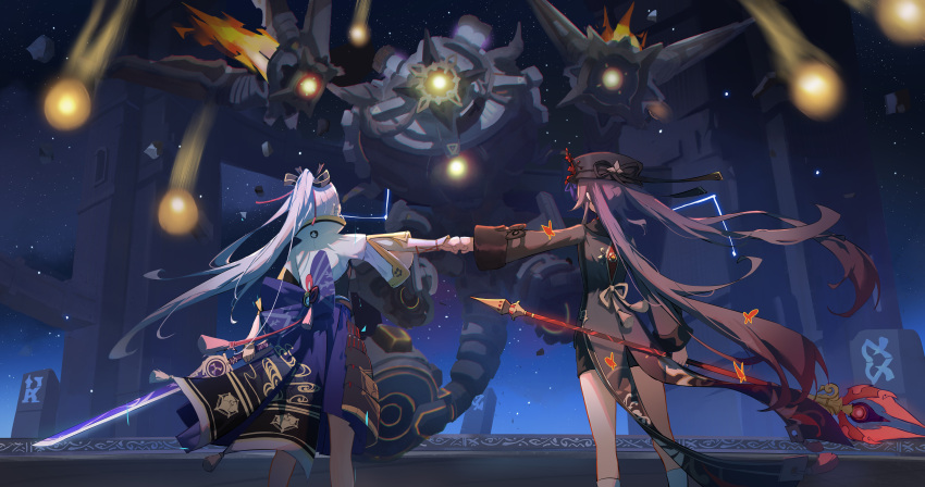 2girls, absurdres, armor, black_headwear, black_shorts, blue_hair, blue_jacket, blue_skirt, bug, butterfly, chinese_clothes, coattails, collared_coat, dou, feet_out_of_frame, fist_bump, flower, from_behind, genshin_impact, grey_hair, hair_ribbon, hat, hat_flower, hat_tassel, highres, hu_tao_(genshin_impact), jacket, japanese_armor, kamisato_ayaka, light_blue_hair, long_hair, long_sleeves, mistsplitter_reforged_(genshin_impact), multiple_girls, plum_blossoms, ponytail, porkpie_hat, qixia, ribbon, ruin_guard_(genshin_impact), ruins, shorts, skirt, socks, staff_of_homa_(genshin_impact), tailcoat, tassel, tress_ribbon, white_socks