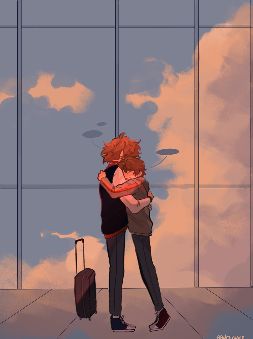 2boys, black_bag, black_pants, brown_hair, dream_smp, dusk, highres, hood, hooded_jacket, hug, jacket, letterman_jacket, mirafaye, multiple_boys, pants, ranboo, real_life, shoes, sneakers, tubbo