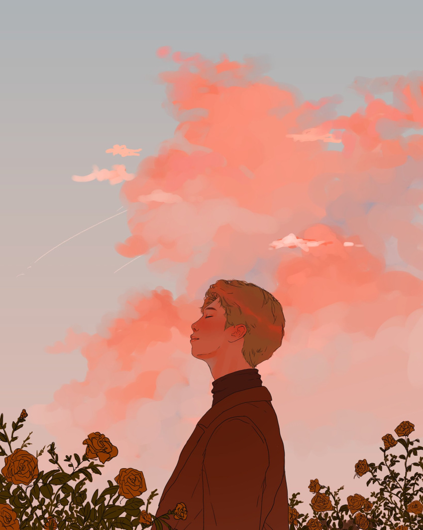 1boy, blonde_hair, blush, brown_coat, closed_eyes, clouds, cloudy_sky, coat, dusk, flower, highres, naeriy, real_life, red_flower, red_rose, rm_(bts), rose, sky, solo, sweater, turtleneck, turtleneck_sweater
