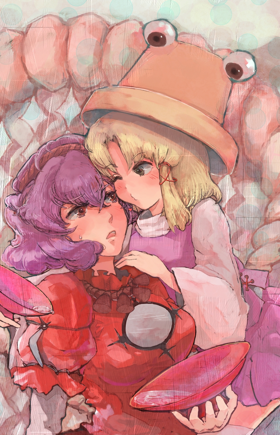 blonde_hair, brown_eyes, hat, highres, moriya_suwako, multiple_girls, purple_eyes, sakazuki