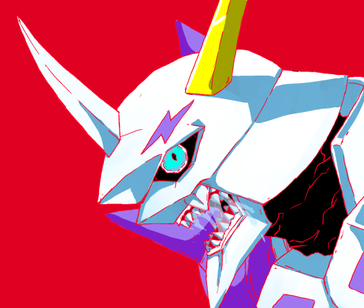 armor, black_skin, blue_eyes, colored_lineart, colored_skin, digimon, horn_ornament, horns, monochrome_background, multiple_horns, omegamon, open_mouth, purple_armor, red_background, saliva, saliva_trail, saliva_trail_between_teeth, seevah, shadow, sharp_teeth, simple_background, teeth, white_armor