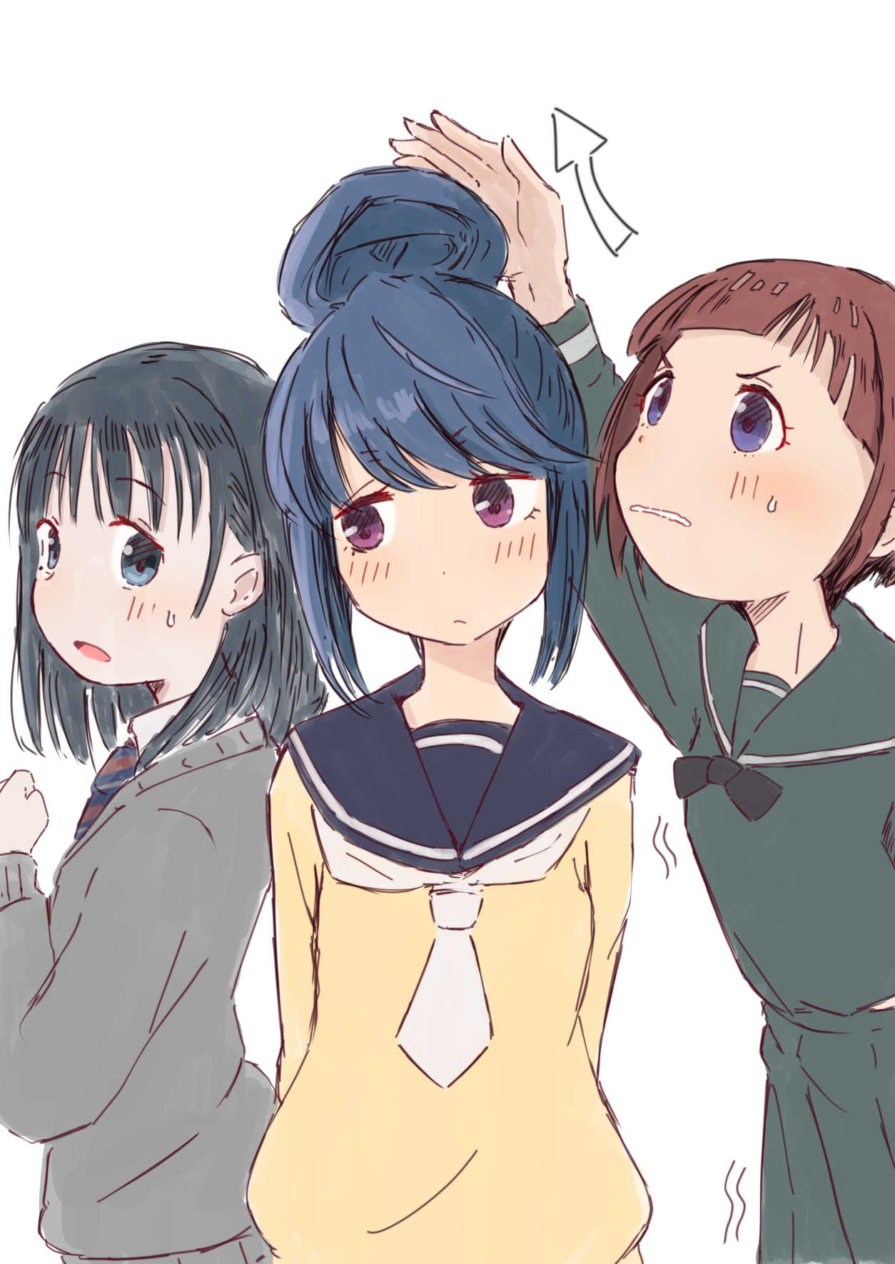 3girls, arrow_(symbol), black_hair, blue_eyes, blush, crossover, eniwa_shii, hair_bun