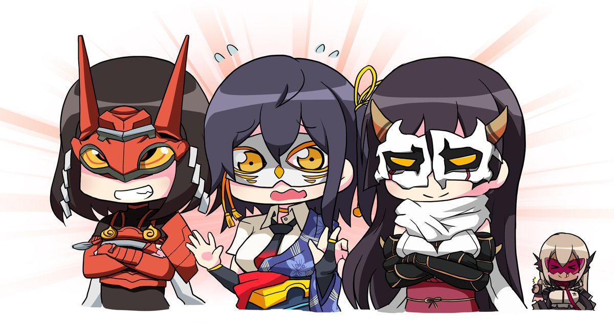 4girls, arm_warmers, armor, black_hair, blonde_hair, blue_hair, blue_kimono, bridal_gauntlets, chibi, clenched_teeth, crossed_arms, daihannya_nagamitsu_(tenka_hyakken), doujigiri_yasutsuna, flying_sweatdrops, hands_up, japanese_armor, japanese_clothes, kimono, kote, long_hair, mask, medium_hair, multiple_girls, necktie, obi, obijime, oni_mask, orange-bird, raikirimaru, sash, scarf, short_sleeves, shoulder_armor, single_bridal_gauntlet, single_off_shoulder, smile, taroutachi, teeth, tenka_hyakken, thumbs_up, triangular_eyewear, white_scarf, yellow_eyes