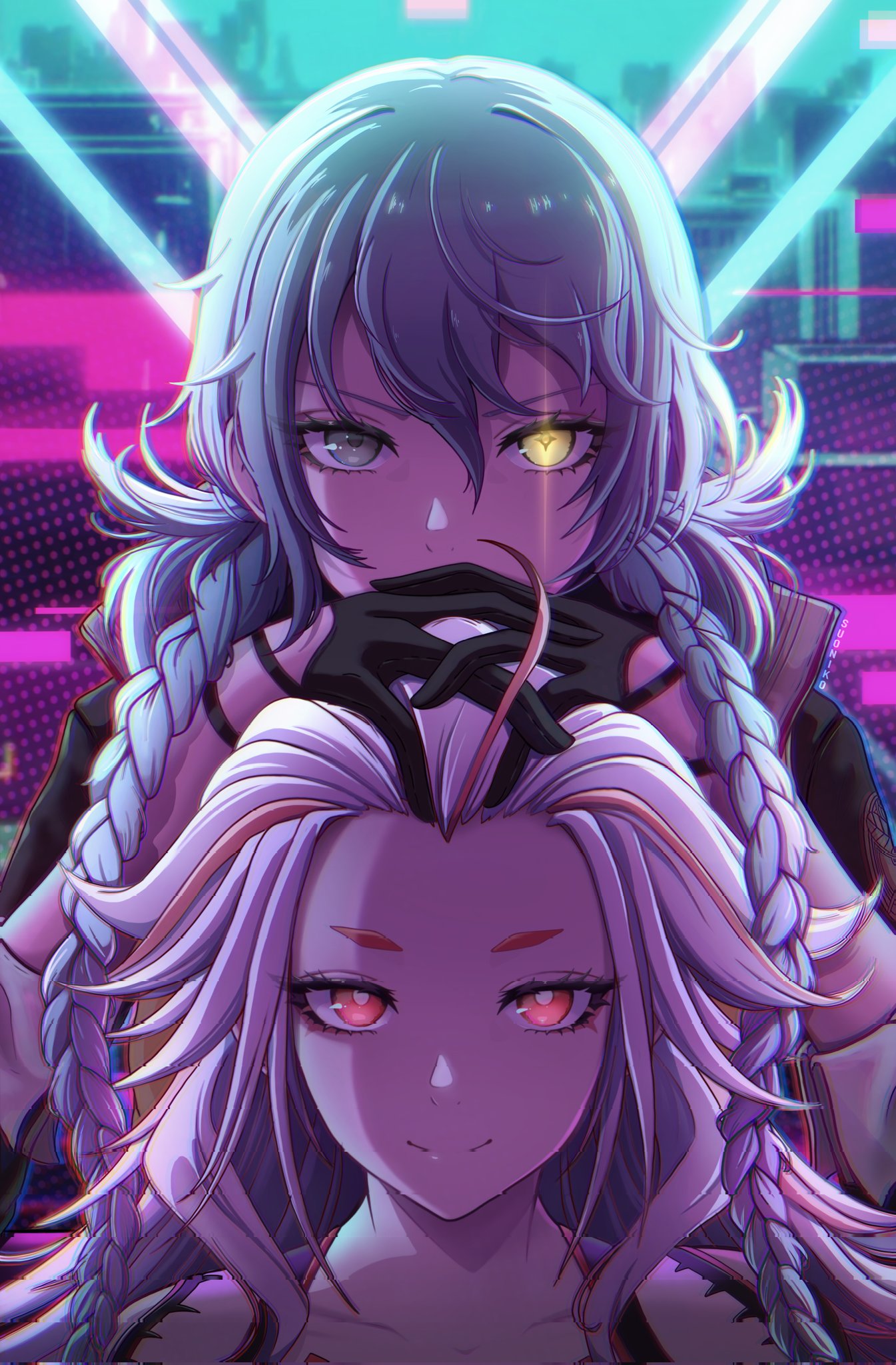 1girl, 1other, ai_the_somnium_files, ai_the_somnium_files:_nirvana_initiative, aiba_(ai_the_somnium_files), blue_hair, braid, closed_mouth