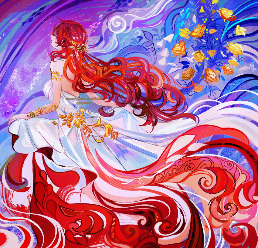 1girl, absurdres, armlet, artist_name, backless_dress, backless_outfit, bare_shoulders, blue_background