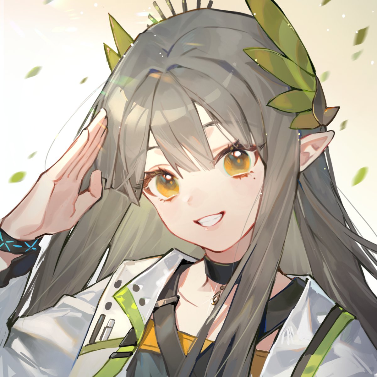 1girl, :d, arknights, black_choker, choker, coat, collarbone, gradient_background