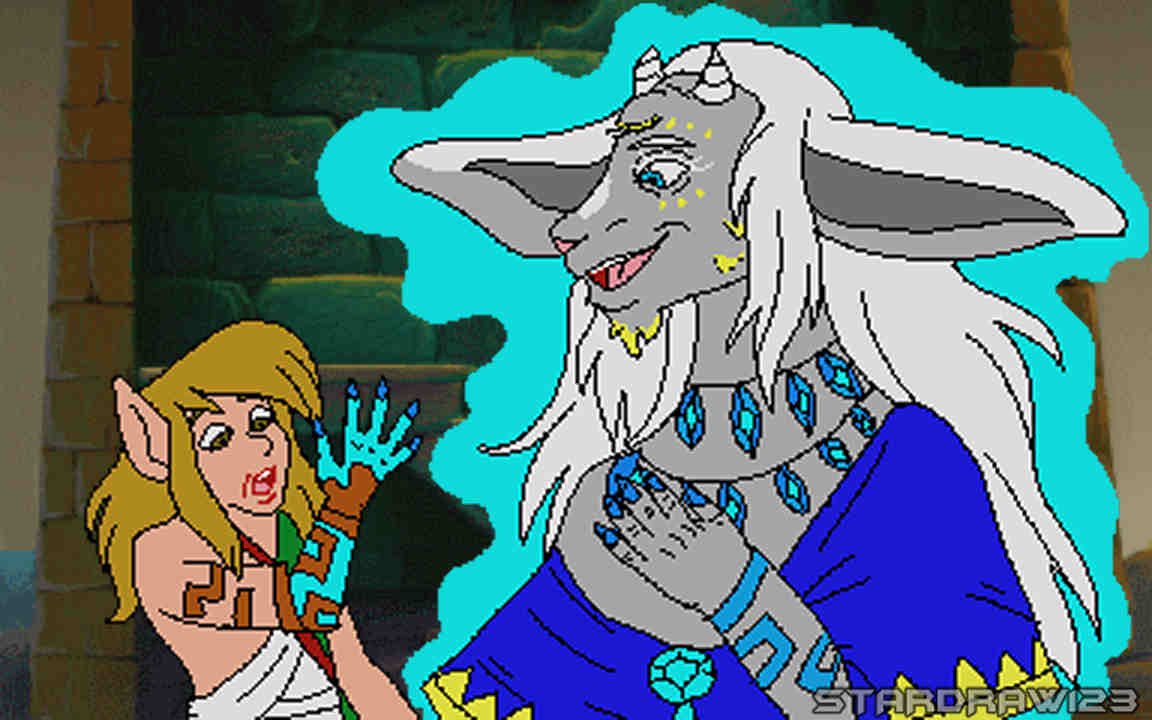 2boys, :o, archaic_set_(zelda), blonde_hair, blue_eyes, brown_eyes, colored_skin, furry