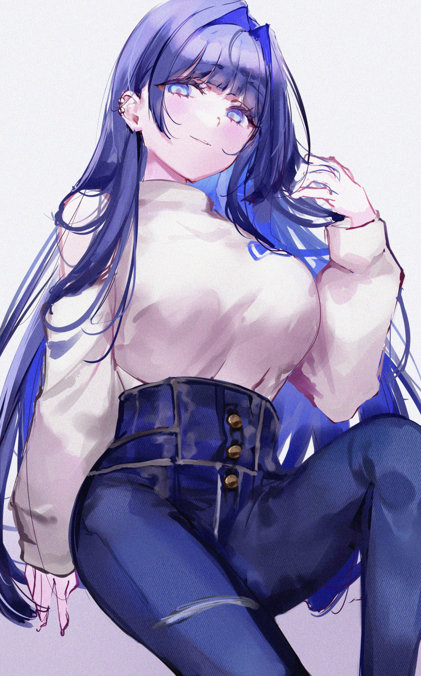 1girl, absurdres, bare_shoulders, blue_eyes, blue_hair, blue_pants, blunt_bangs, blush