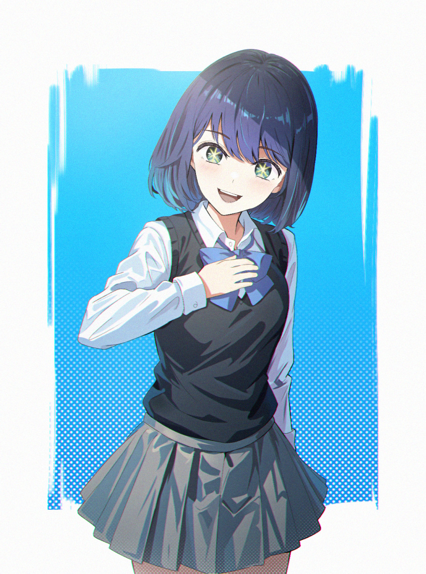 1girl, :d, aqua_eyes, black_sweater_vest, blue_background, blue_bow, blue_bowtie, blue_hair